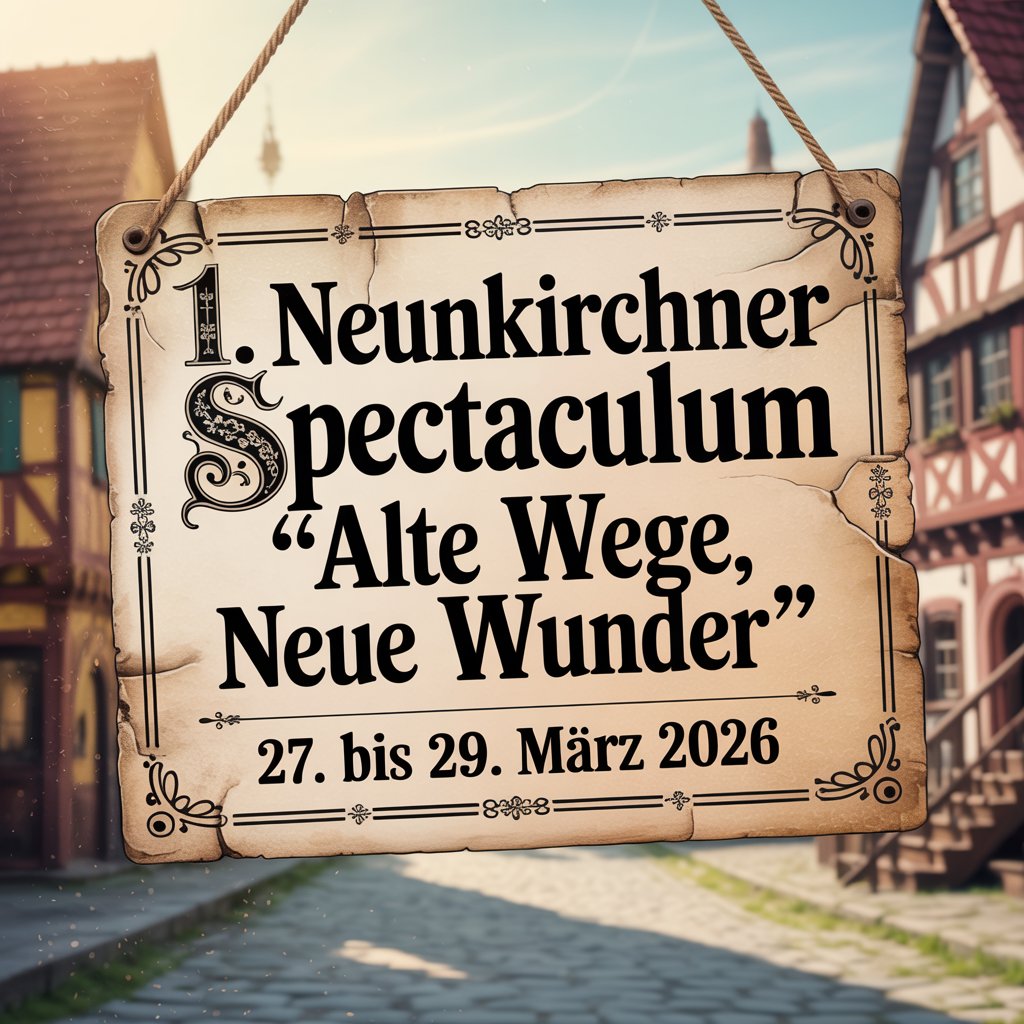 A vintage-style illustration depicting an antique poster advertising the "1. Neunkirchner Spectaculum – „Alte Wege, Neue Wunder“", evoking the charm of a medieval advertisement. The ornate sign displaying the event’s name is the central focus, rendered in an elaborate, decorative font with subtle cracks and faded ink, set against a backdrop of aged parchment showing visible fibers. Beneath the title, the date "27. bis 29. März 2026" is elegantly presented in a smaller serif font, framed by a thin, decorative border, while the blurred background reveals a stylized medieval town square with cobblestone streets and half-timbered buildings bathed in warm, diffused sunlight. Subtle, golden dust motes float in the light, lending a nostalgic atmosphere to the scene and hinting at the festive nature of the event.