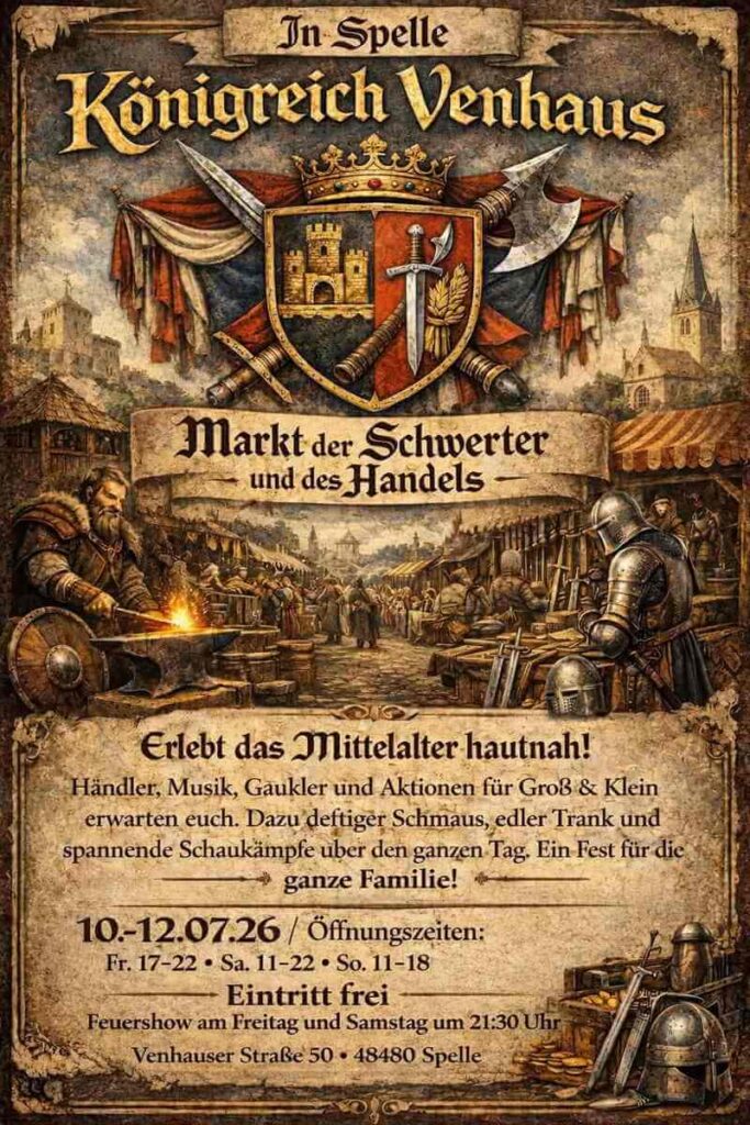 🍖 Deftiger Schmaus & edler Trank
Natürlich kommt auch das leibliche Wohl nicht zu kurz. Deftige Speisen und edle Getränke laden dazu ein, sich eine Pause vom Markttreiben zu gönnen. Ob herzhaft oder süß – für jeden Geschmack ist etwas dabei.