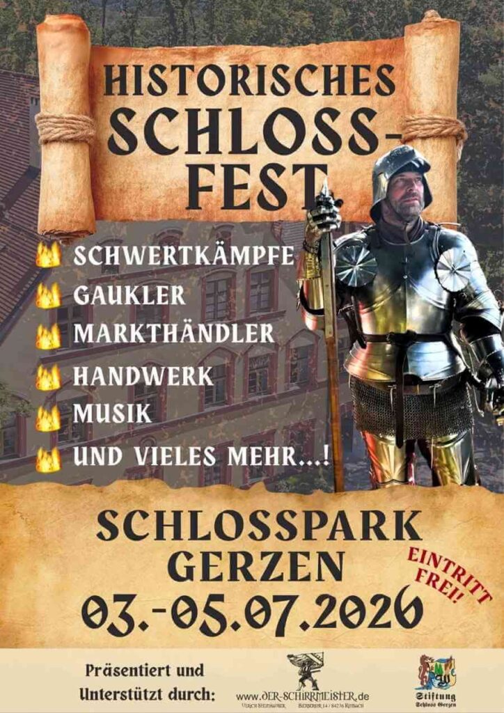 Historisches Schlossfest Gerzen 2026 in Gerzen mit Mittelaltermarkt, Schwertkämpfen, Gauklern und Musik vom 3. bis 5. Juli.