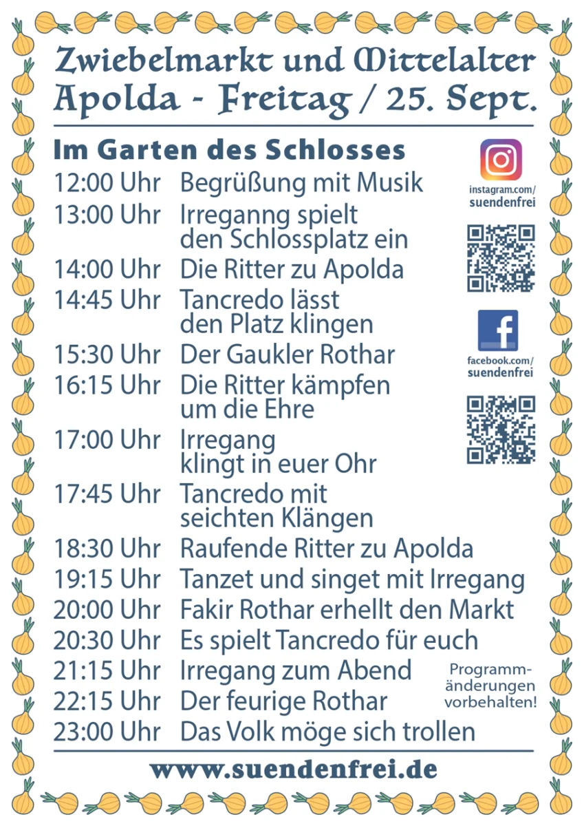 Programm Zwiebelmarkt und Mittelalter im Schloss Apolda (TH) 2026