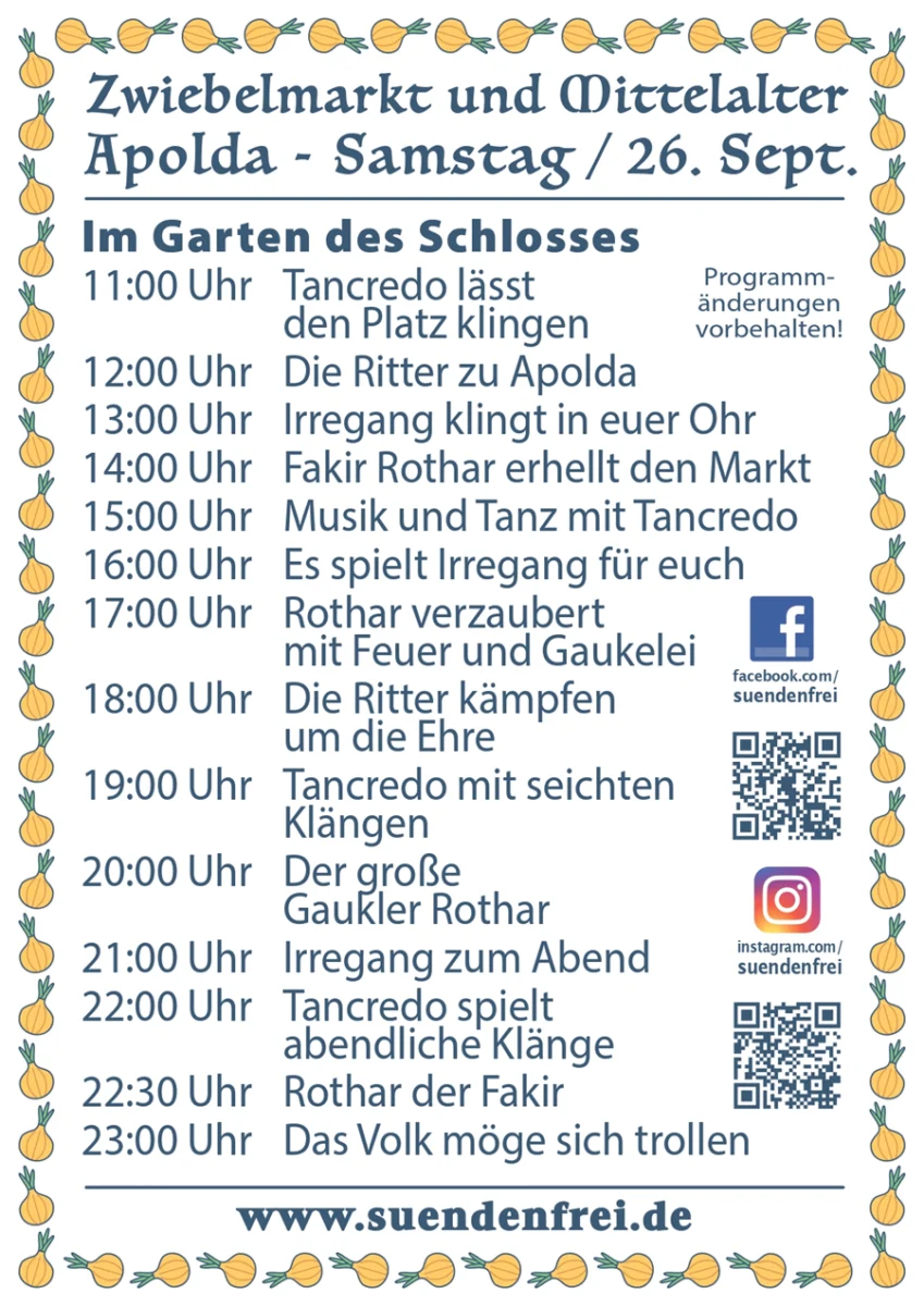 Programm Zwiebelmarkt und Mittelalter im Schloss Apolda (TH) 2026